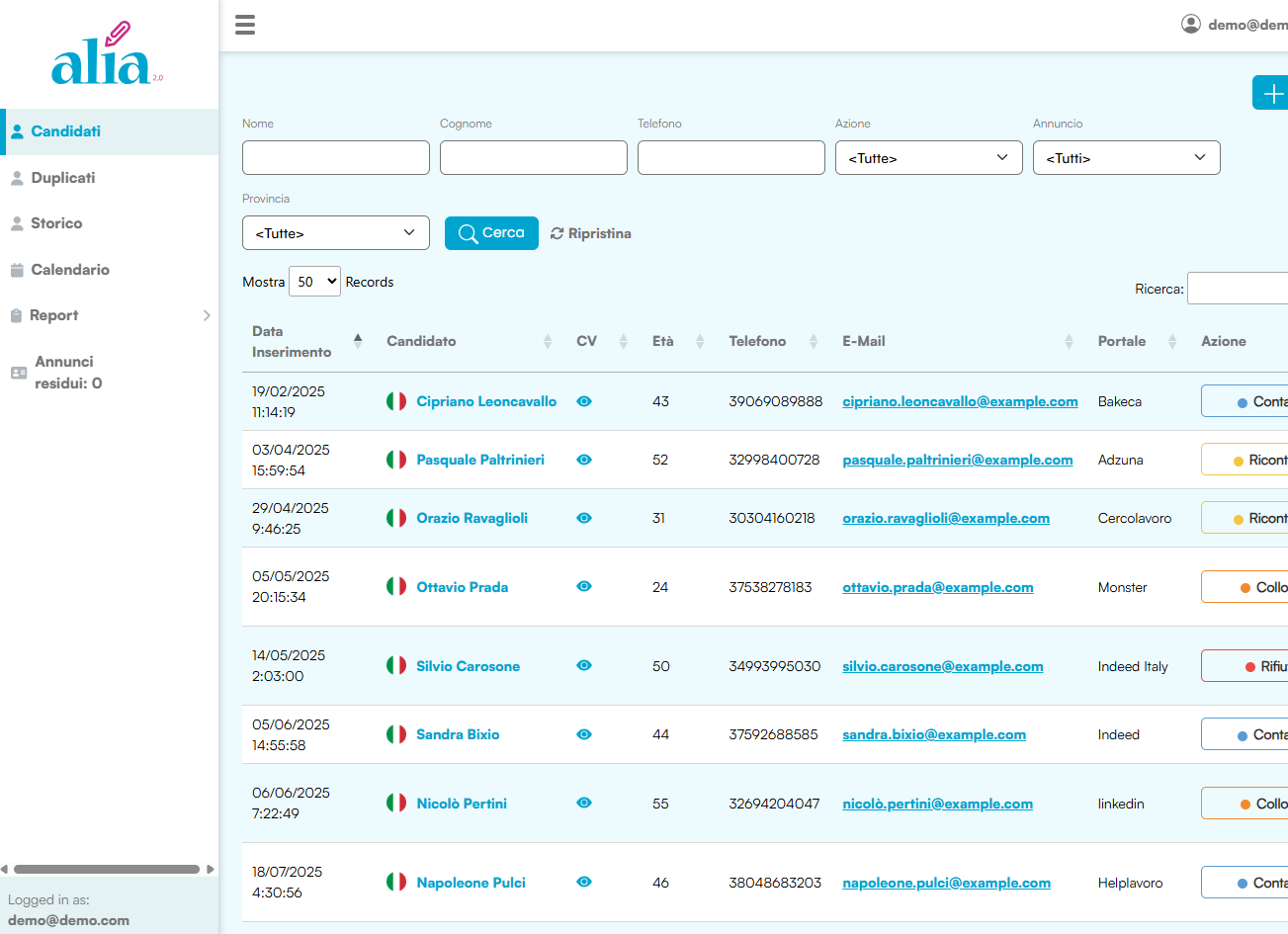 Alia Dashboard - Gestione Candidati
